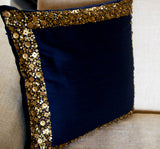 Handmade, navy blue throw pillow cover with gold sequin