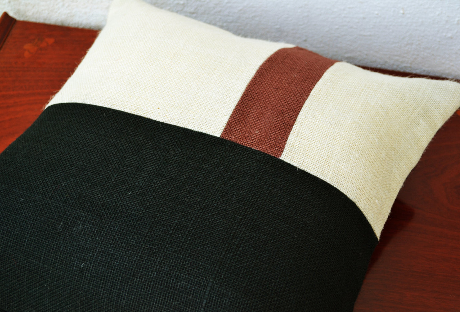 Handmade burlap accent pillow cover with geometric color block