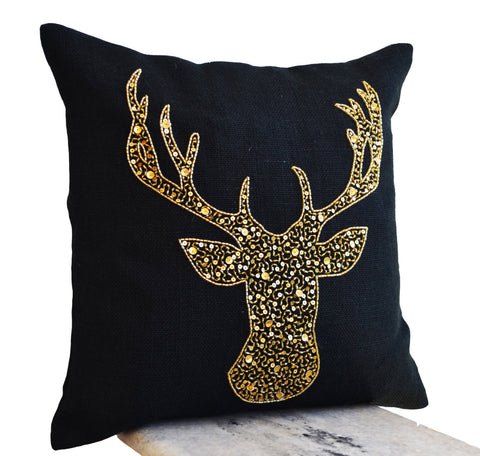 Handmade pillows with deer design and gold sequin embroidery