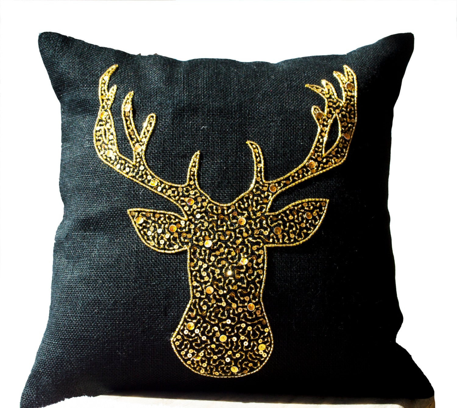 Handmade pillows with deer design and gold sequin embroidery