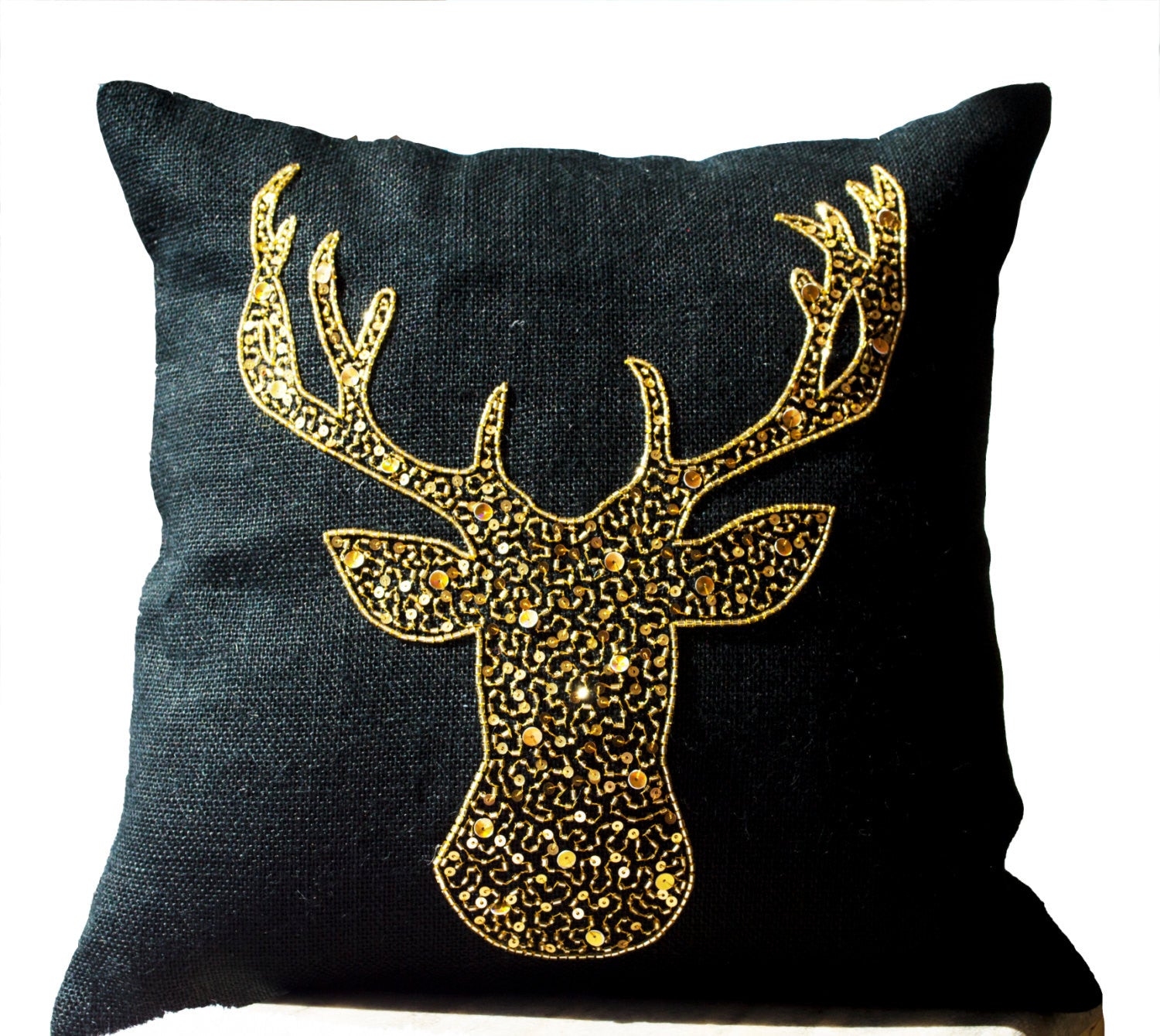 Aztec Deer Bust Embroidered Burlap Throw Pillow, 18x18