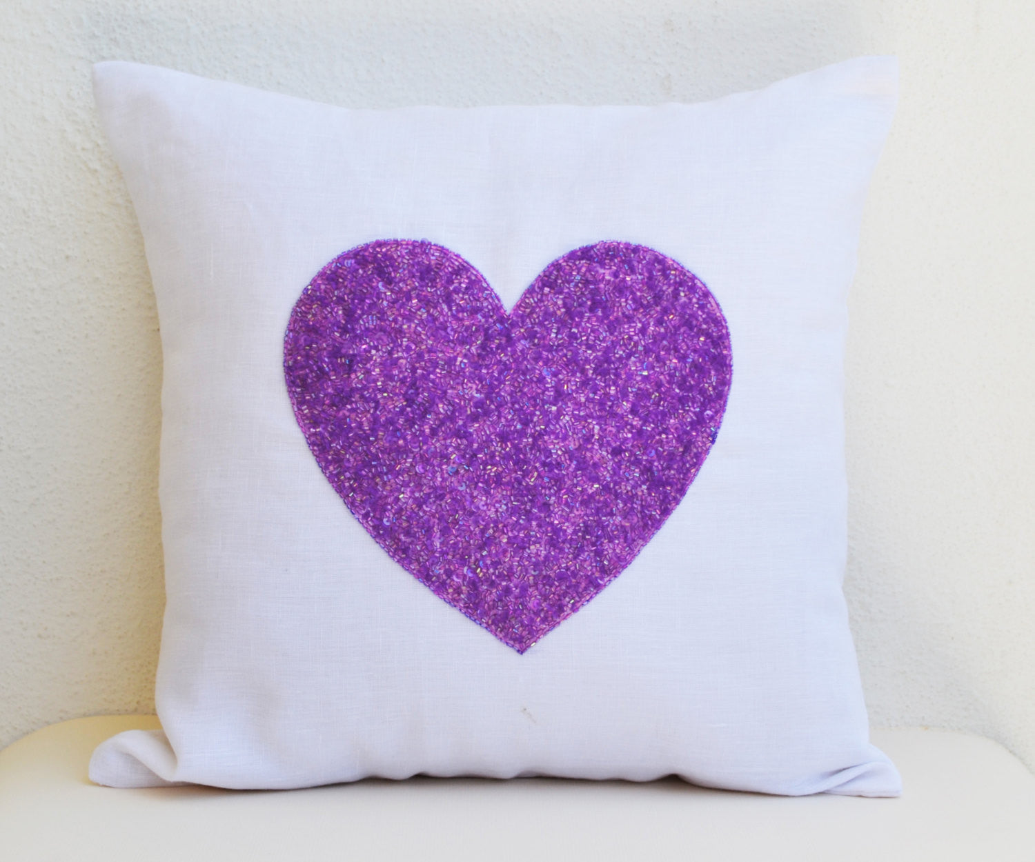  Handmade white linen pillow cover with purple sequin