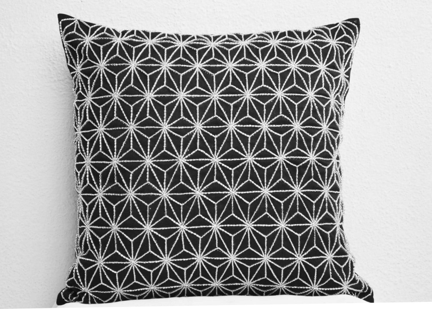 Handmade black silk toss pillow cover with silver embroidery