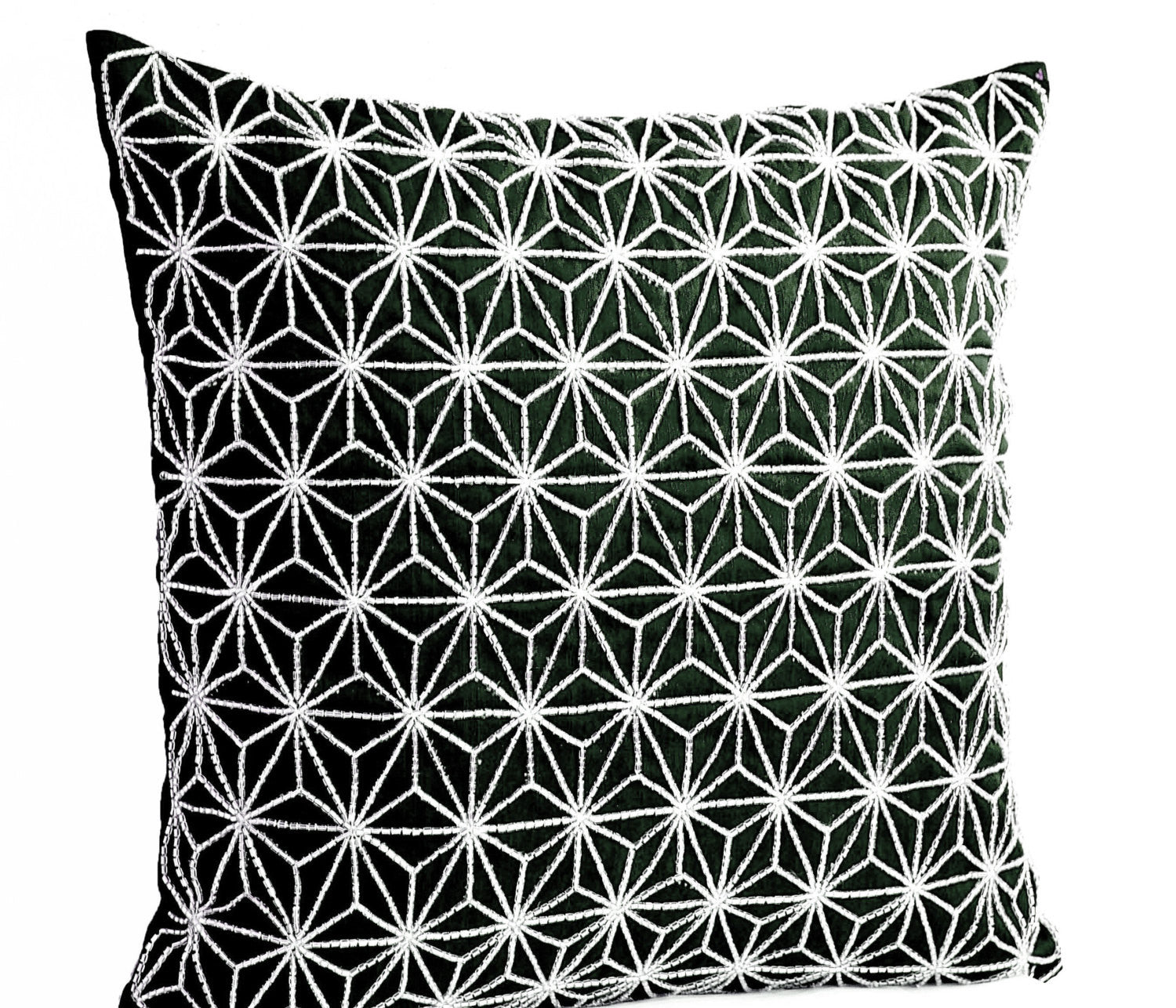 Handmade black silk toss pillow cover with silver embroidery