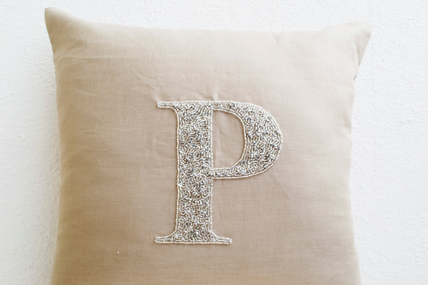 Handmade customized beige gray linen pillow with monogram