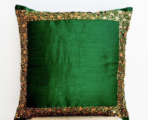 Handmade emerald green cushion with gold sequin and beads