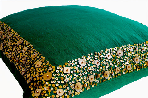 Handmade emerald green cushion with gold sequin and beads