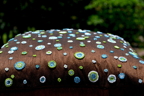Handmade brown silk cushion cover with beaded polka dots