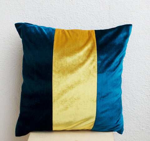 Handmade royal blue velvet throw pillow with color block