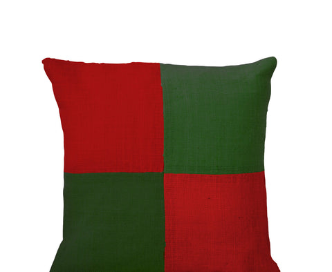 Handmade red green pillow cover with color block