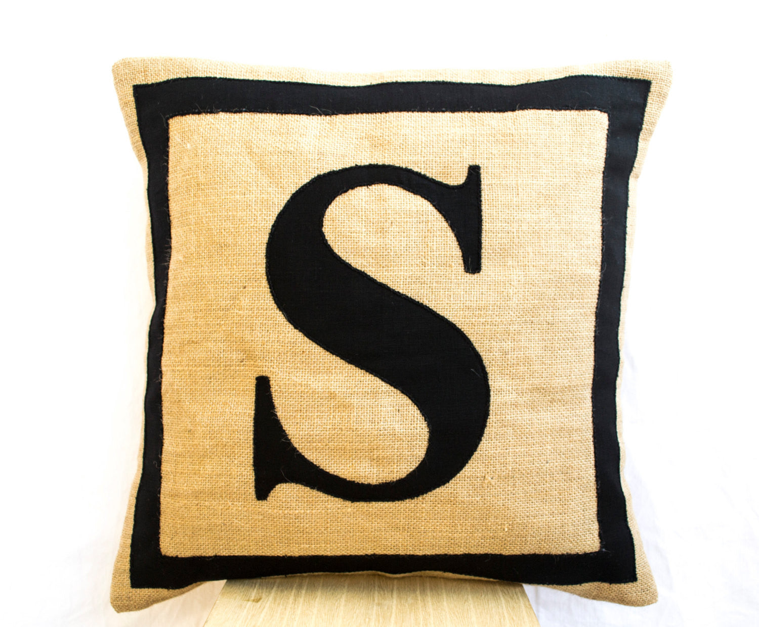 Black monogram burlap pillow