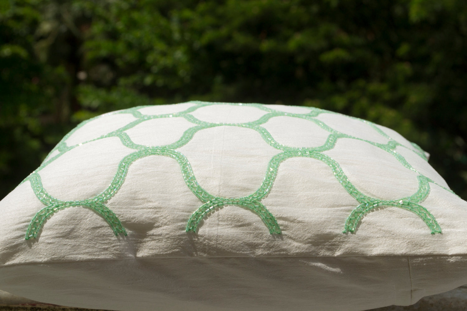 Handmade pastel green throw pillow with Sashiko pattern