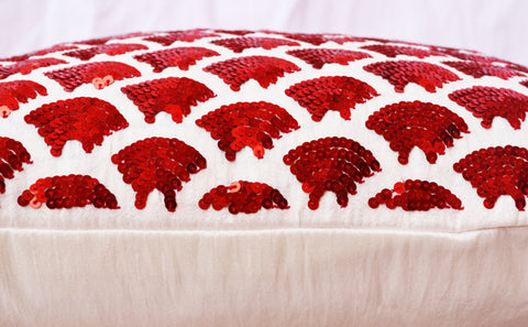 Handmade red throw pillow with sequin and sashiko embroidery
