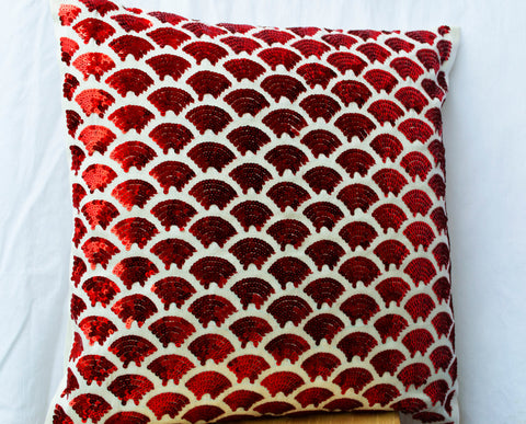 Handmade red throw pillow with sequin and sashiko embroidery