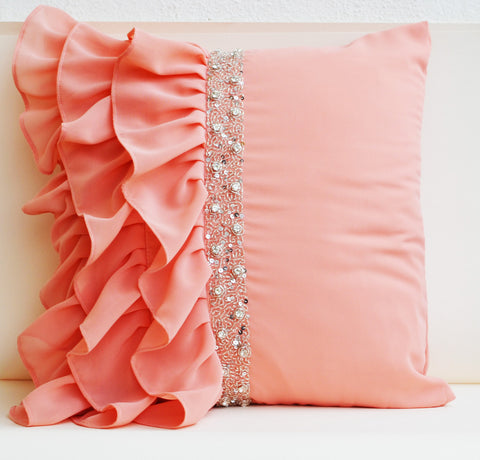 Handmade peach throw pillow with ruffles and sequin
