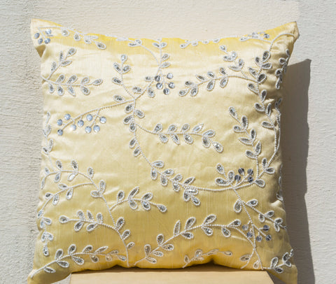 Handmade yellow throw pillow cover with bead sequin