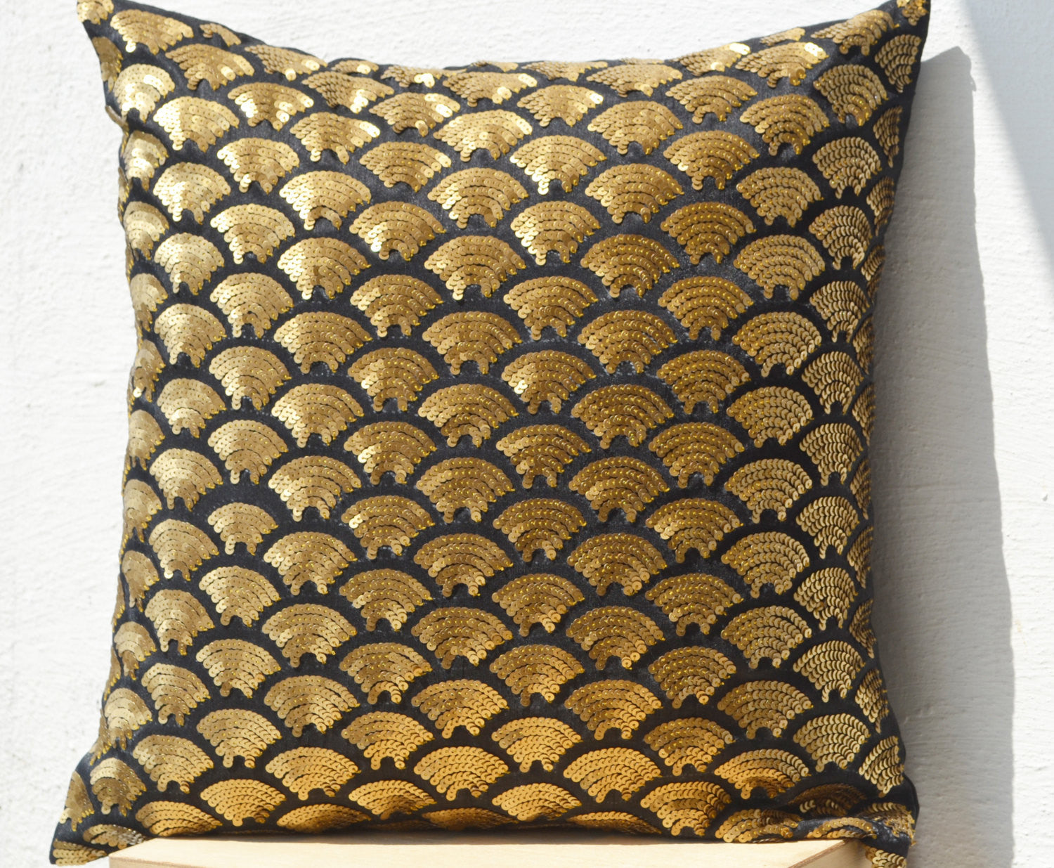 Handmade shiny gold pillow cover with deep metallic sequin