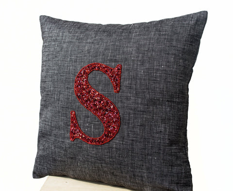 Handmade gray pillow with monogram and gold sequin