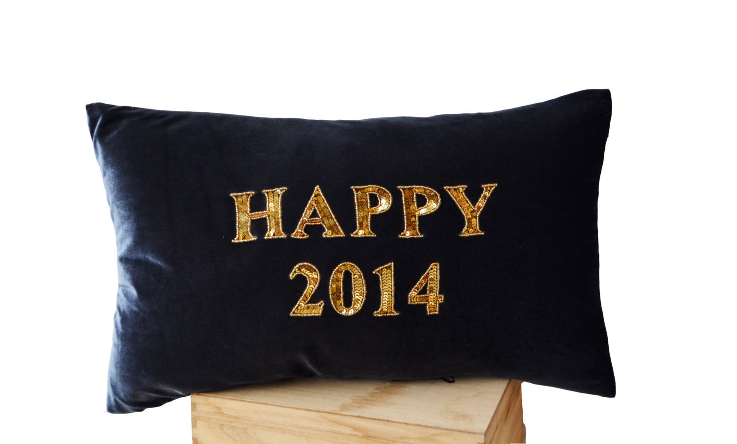 Handmade gray gold velvet cushion with happy new year greeting