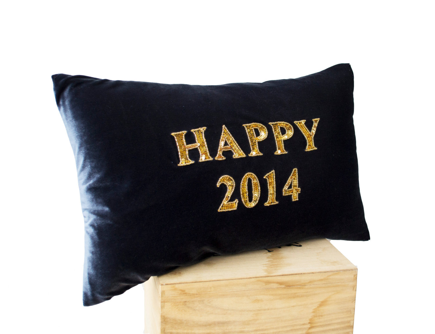 Handmade gray gold velvet cushion with happy new year greeting