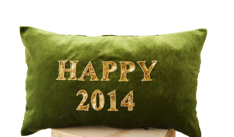 Handmade green gold velvet cushion with happy new year greeting