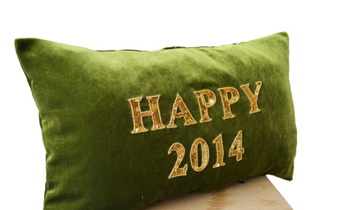 Handmade green gold velvet cushion with happy new year greeting