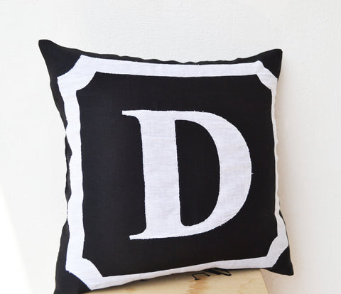 Handmade black cotton throw pillows with monogram