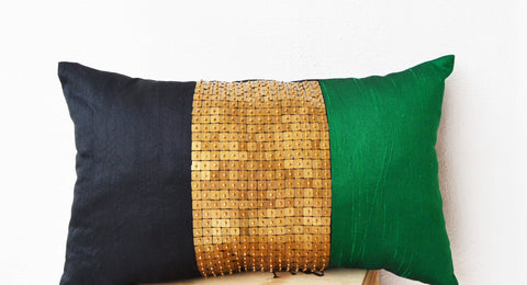 Handmade emerald green, black, gold color block pillow with silk sequin