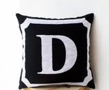 Handmade black cotton throw pillows with monogram