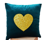 Handmade teal velvet heart throw pillow
