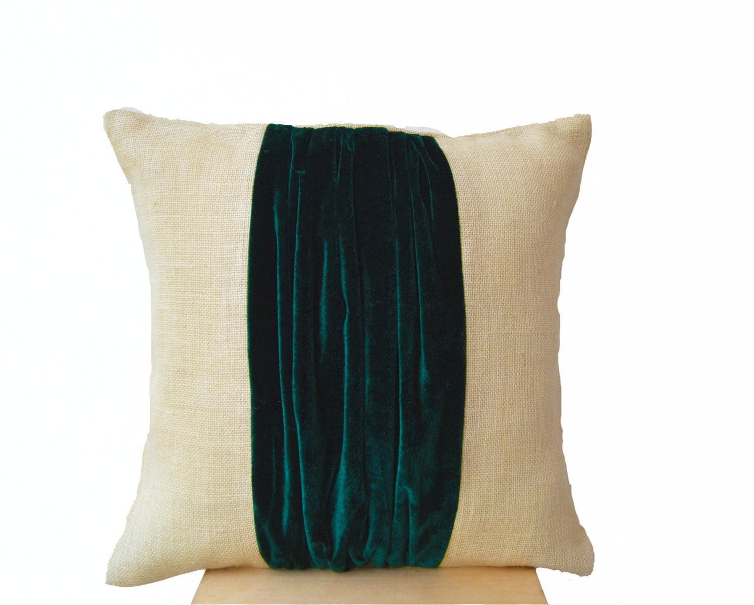 Handmade burlap throw pillow with teal velvet color block