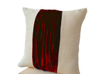 Handmade burlap throw pillow with red velvet color block