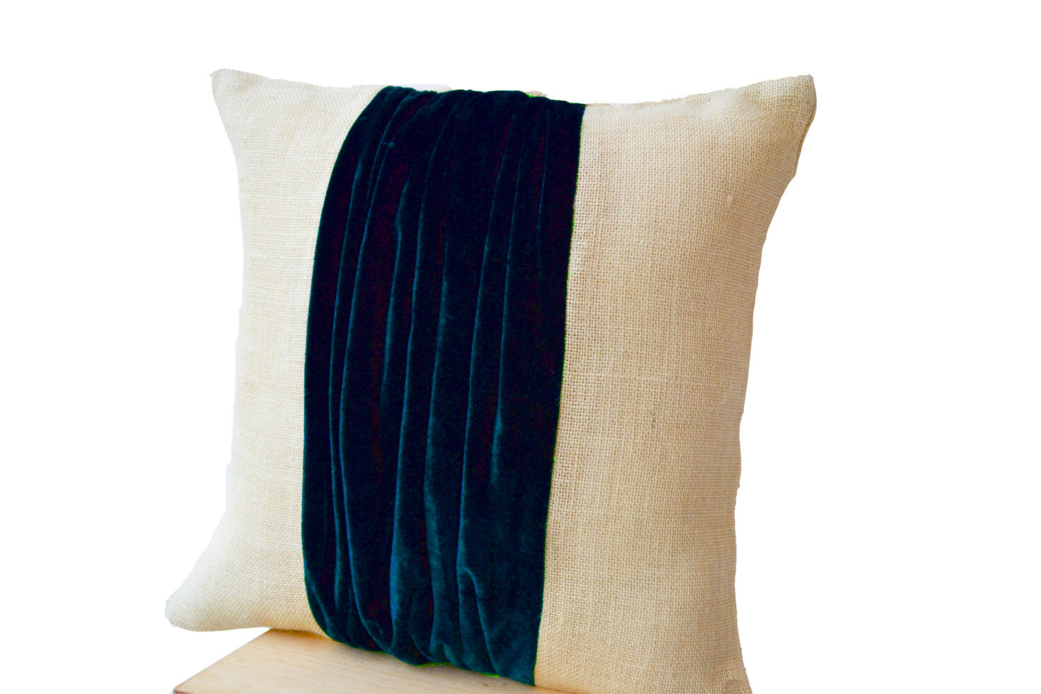 Handmade navy blue burlap pillow cover with velvet colour block