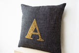 Handmade gray linen pillow with monogram and sequin