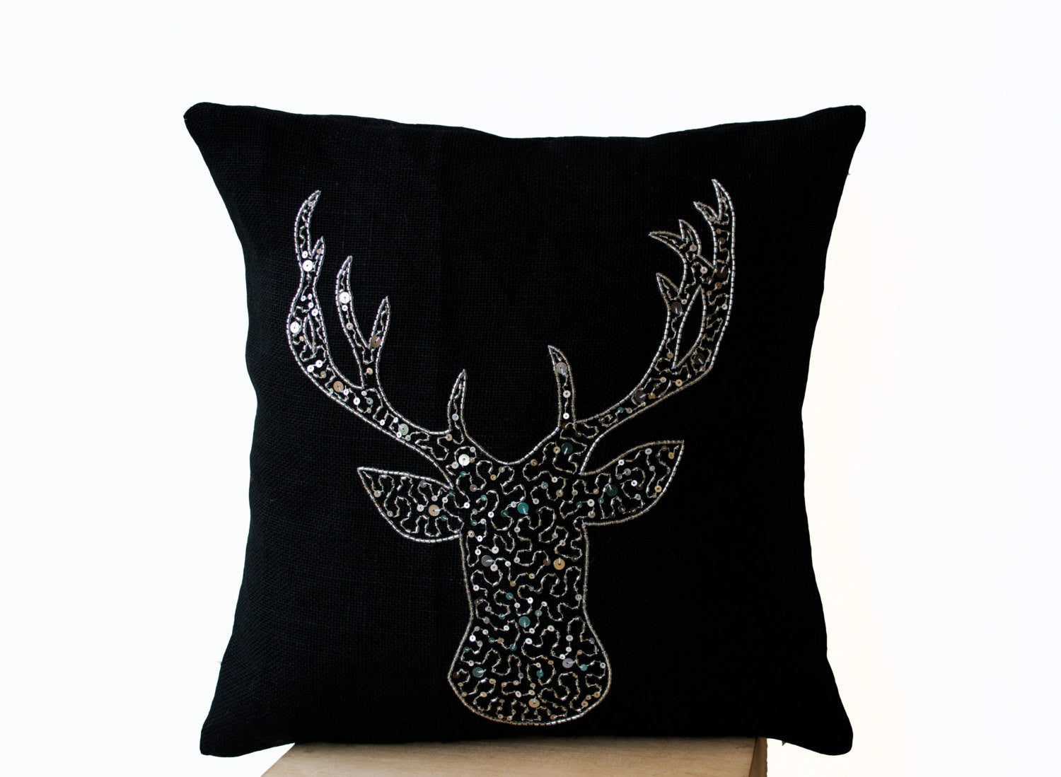 Handmade burlap pillows with embroidery and silver sequin