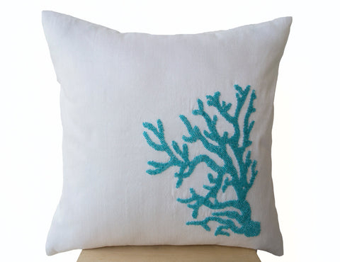 Handmade pillow cover in white silk with turquoise embroidery