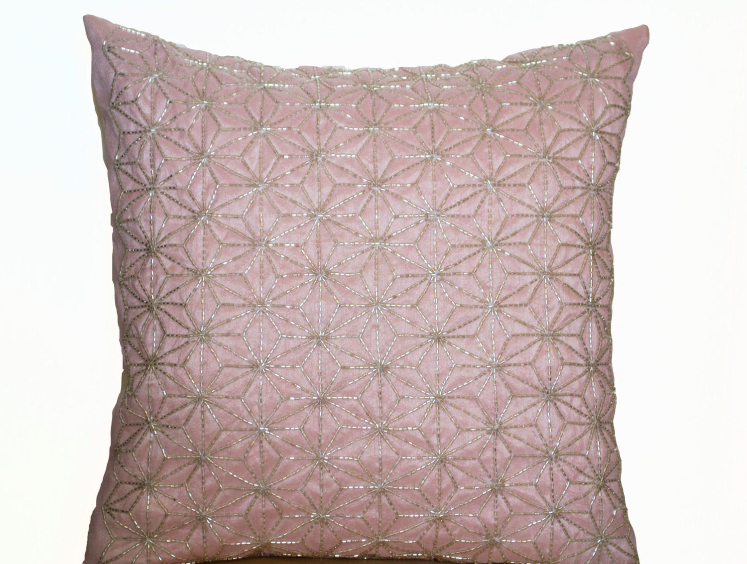 Handmade pink throw pillow with silver embroidery