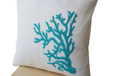 Handmade pillow cover in white silk with turquoise embroidery