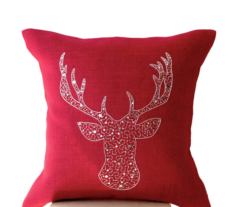 Handmade deer/stag design pillow cover with silver sequin
