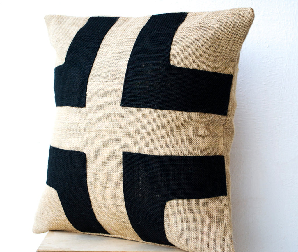 Handmade beige and black burlap pillow cover with geometric design