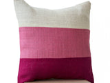 Handmade burlap pink throw pillow with color block