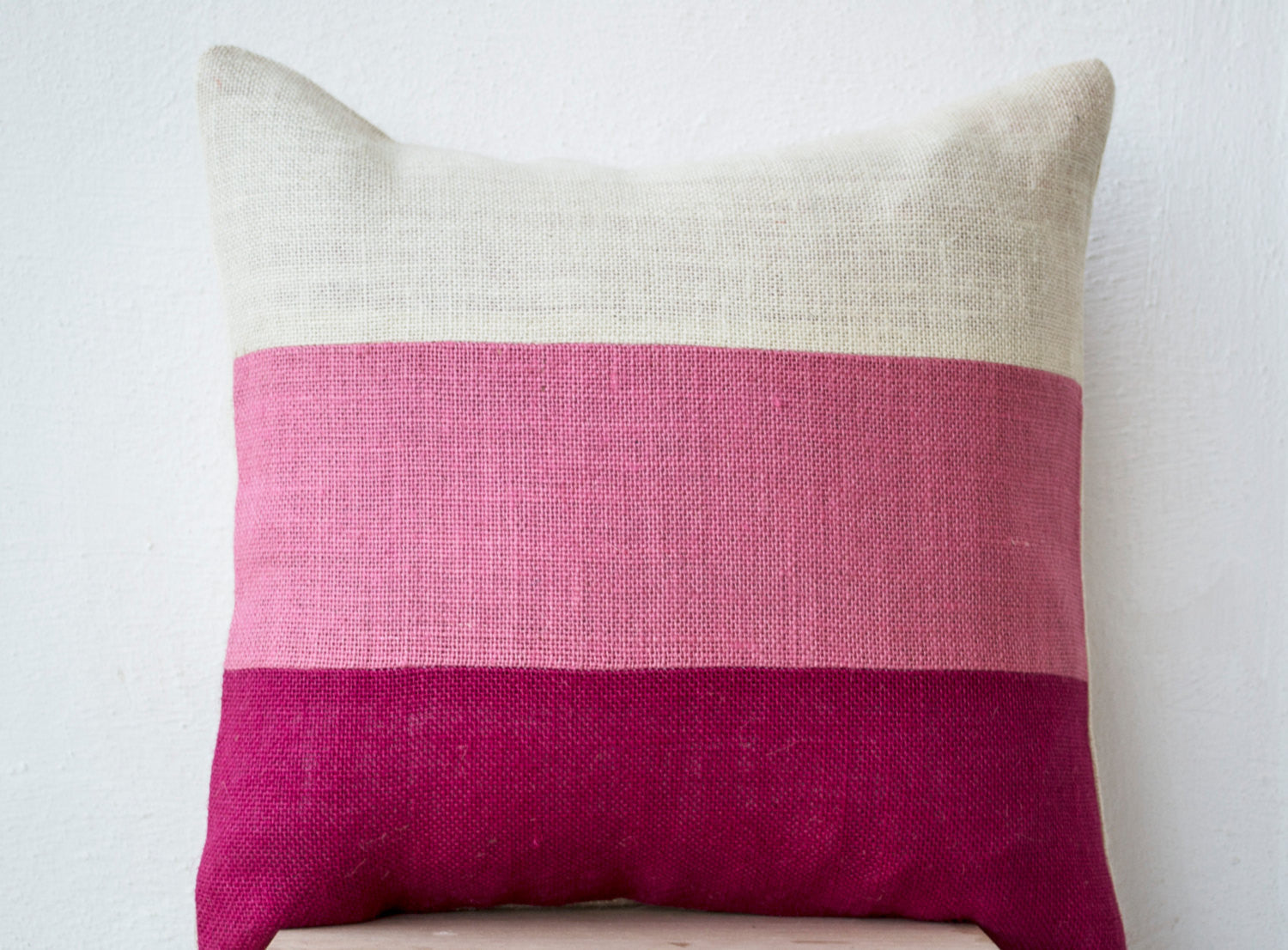 Handmade burlap pink throw pillow with color block