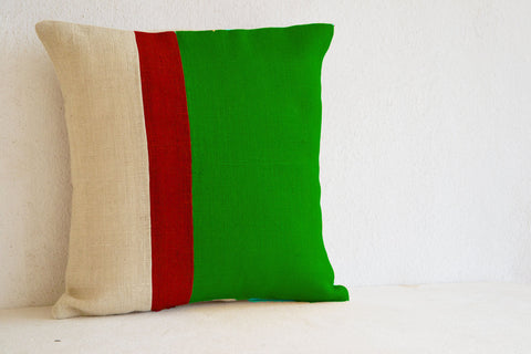 Handmade green decorative pillow covers in burlap