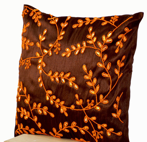 Handmade brown accent silk pillows with orange bead sequin