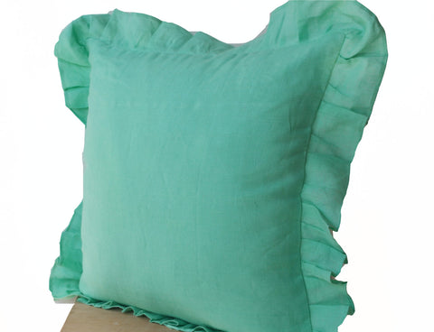 Handmade tiffany blue throw pillows with ruffled edges
