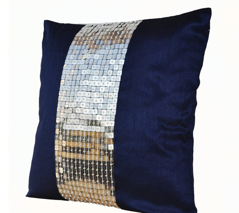 Buy handmade navy blue silver throw pillow with color block and sequin
