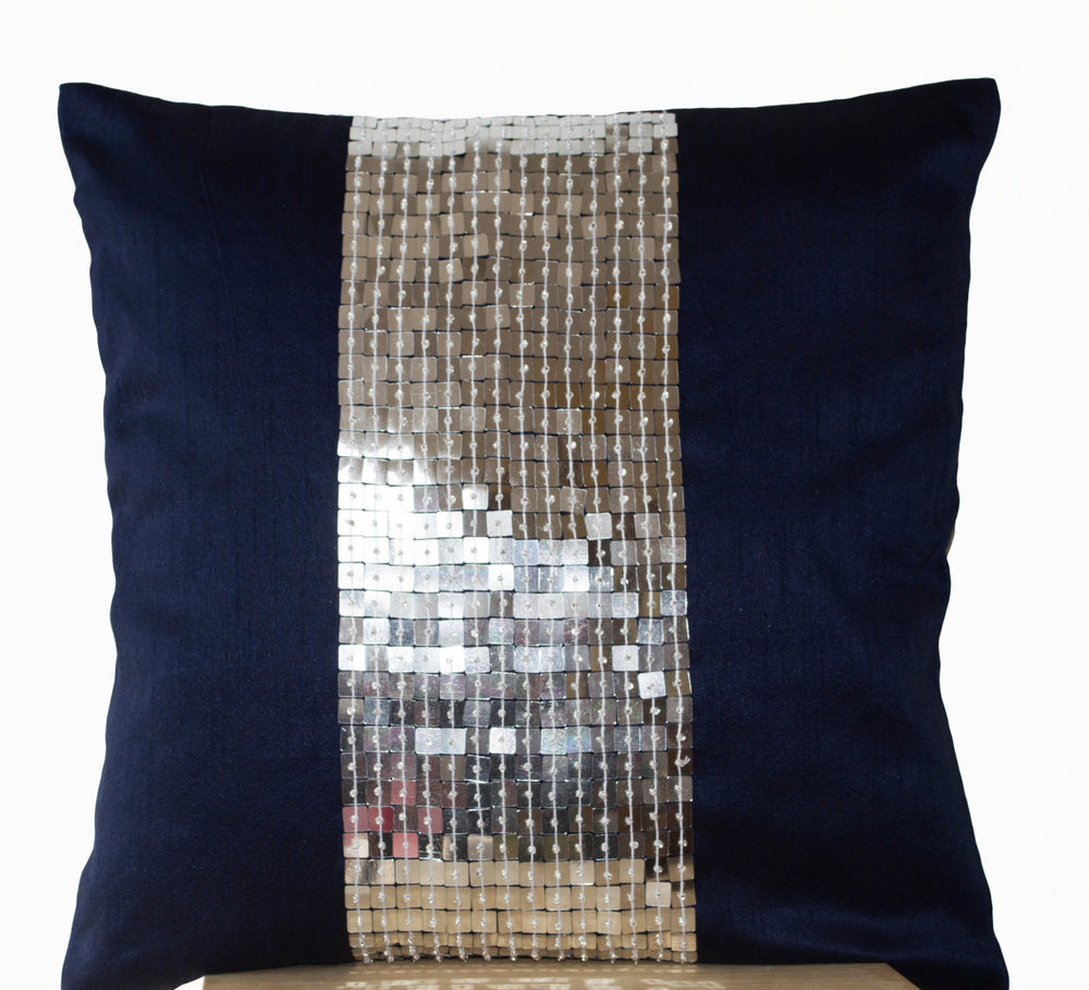 Buy handmade navy blue silver throw pillow with color block and sequin