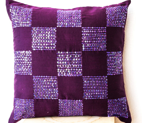 Handmade purple cotton silk throw pillow with bead sequin