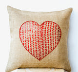 Handmade large burlap heart pillow cover with red sequin