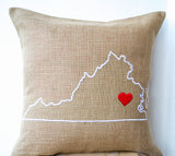 Handmade burlap pillow cover with state map